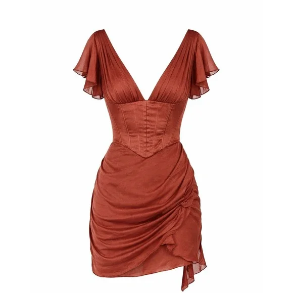 Oh Polly Cerise Draped Corset Zipper Terra-cotta V-Neck Mini Dress Size 6 - Picture 2 of 9
